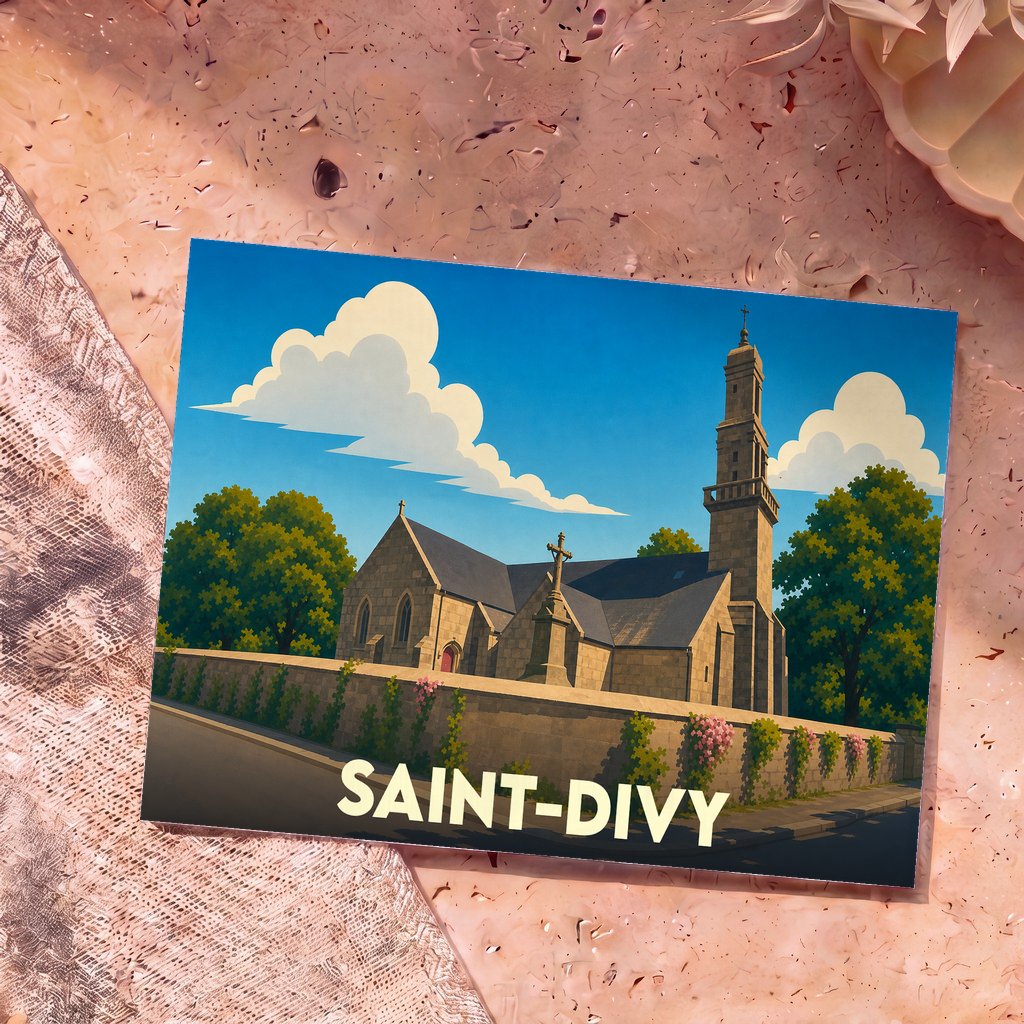 Carte postale souvenir de la ville de Saint-Divy avec une illustration stylisée de son église.