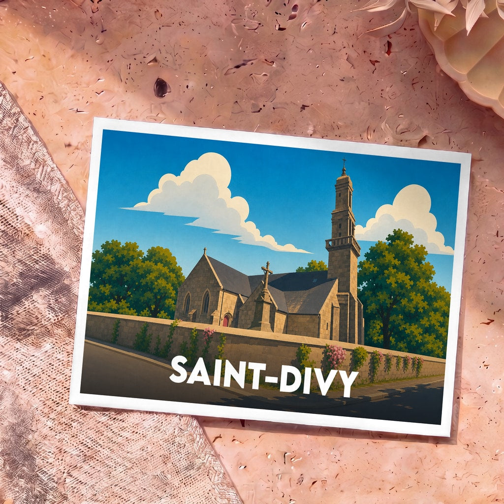 Carte postale souvenir de la ville de Saint-Divy avec une illustration stylisée de son église.