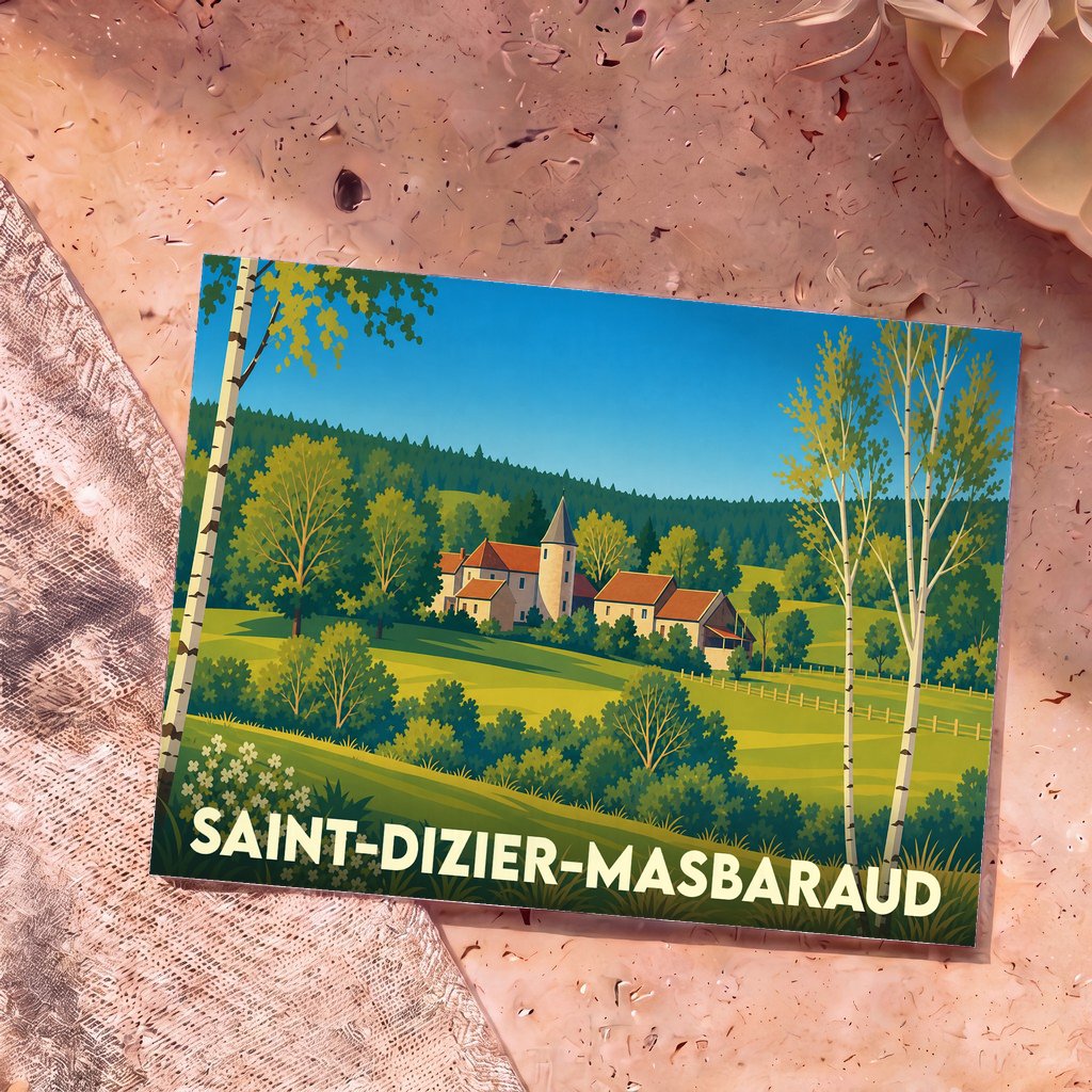 Carte postale souvenir de Saint-Dizier-Masbaraud illustrant un paysage champêtre stylisé avec ses habitations traditionnelles.