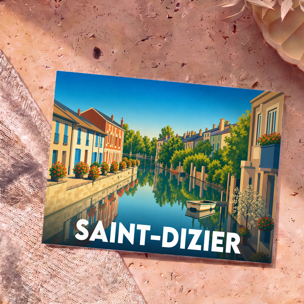 Carte postale souvenir de la ville de Saint-Dizier avec une illustration stylisée d'un canal bordé de maisons colorées.