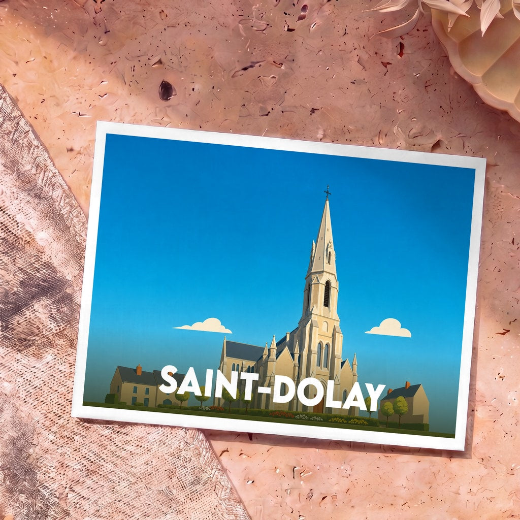 Carte postale souvenir de la ville de Saint-Dolay avec une illustration stylisée de son église sous un ciel bleu.