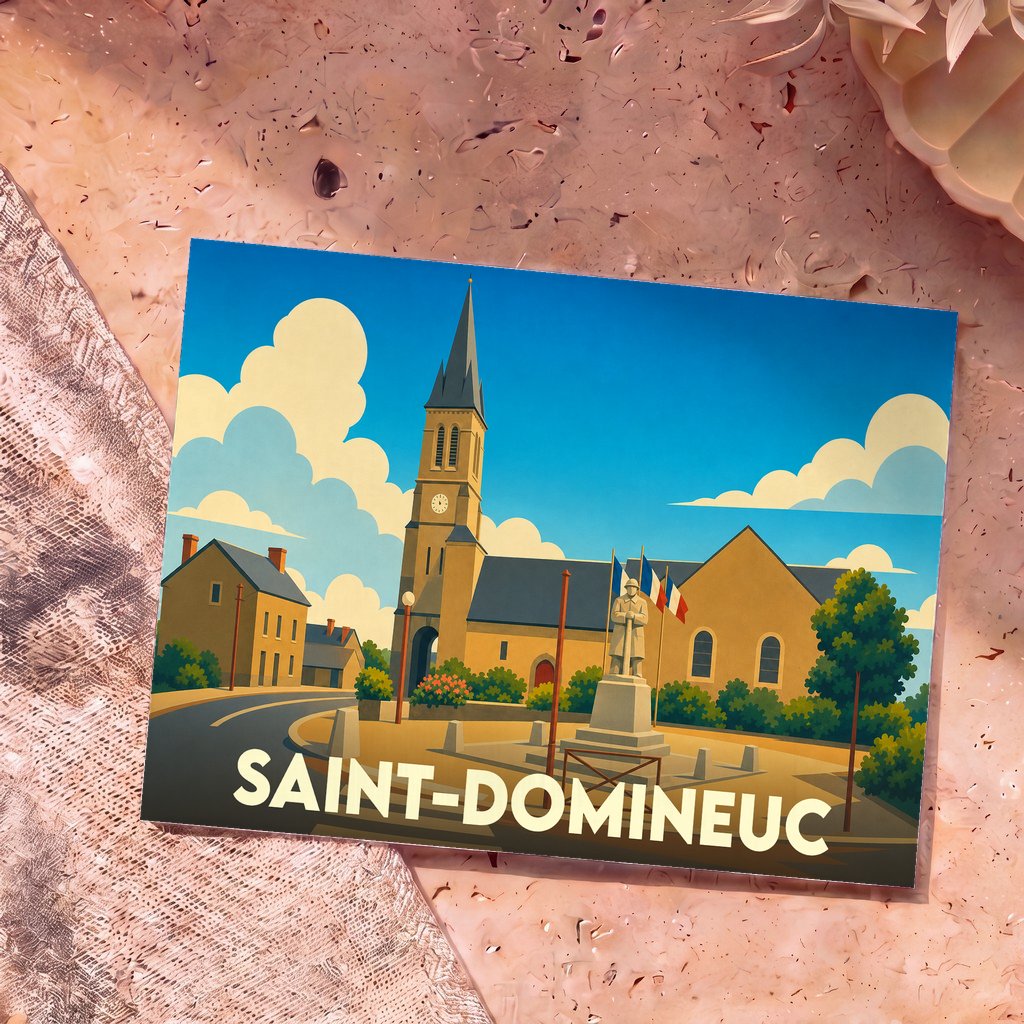 Carte postale souvenir de la ville de Saint-Domineuc avec une illustration stylisée de son église et de son monument aux morts.