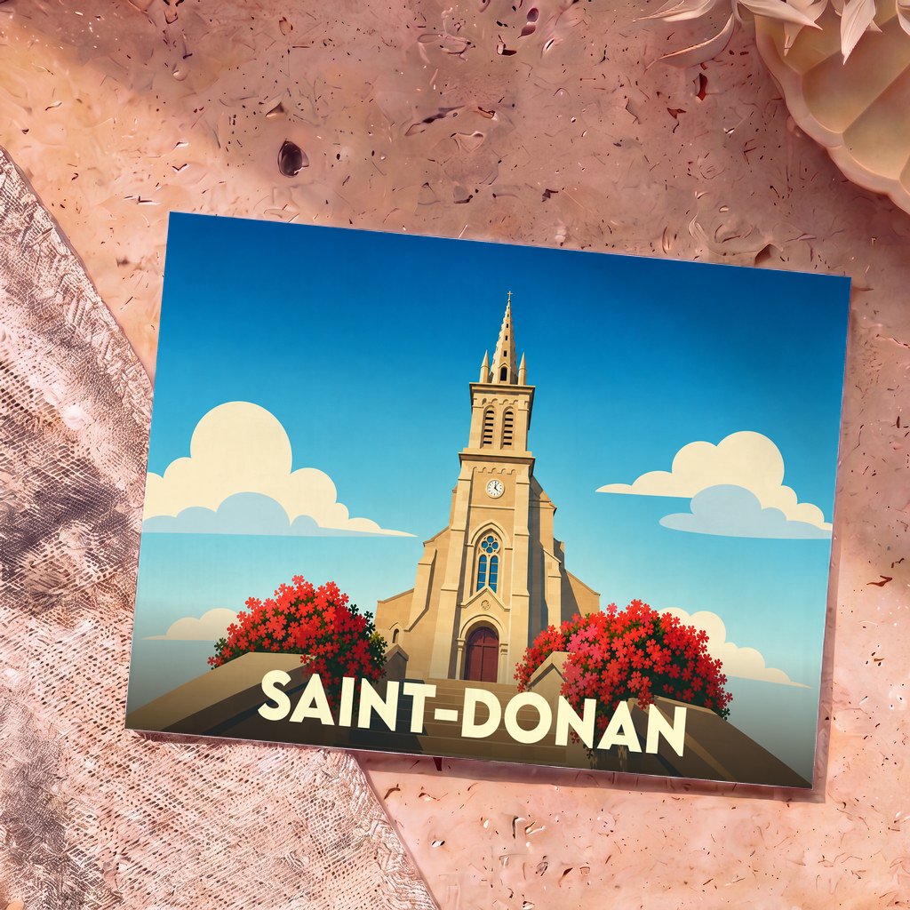 Carte postale souvenir de Saint-Donan arborant une illustration stylisée de son église entourée de fleurs rouges.