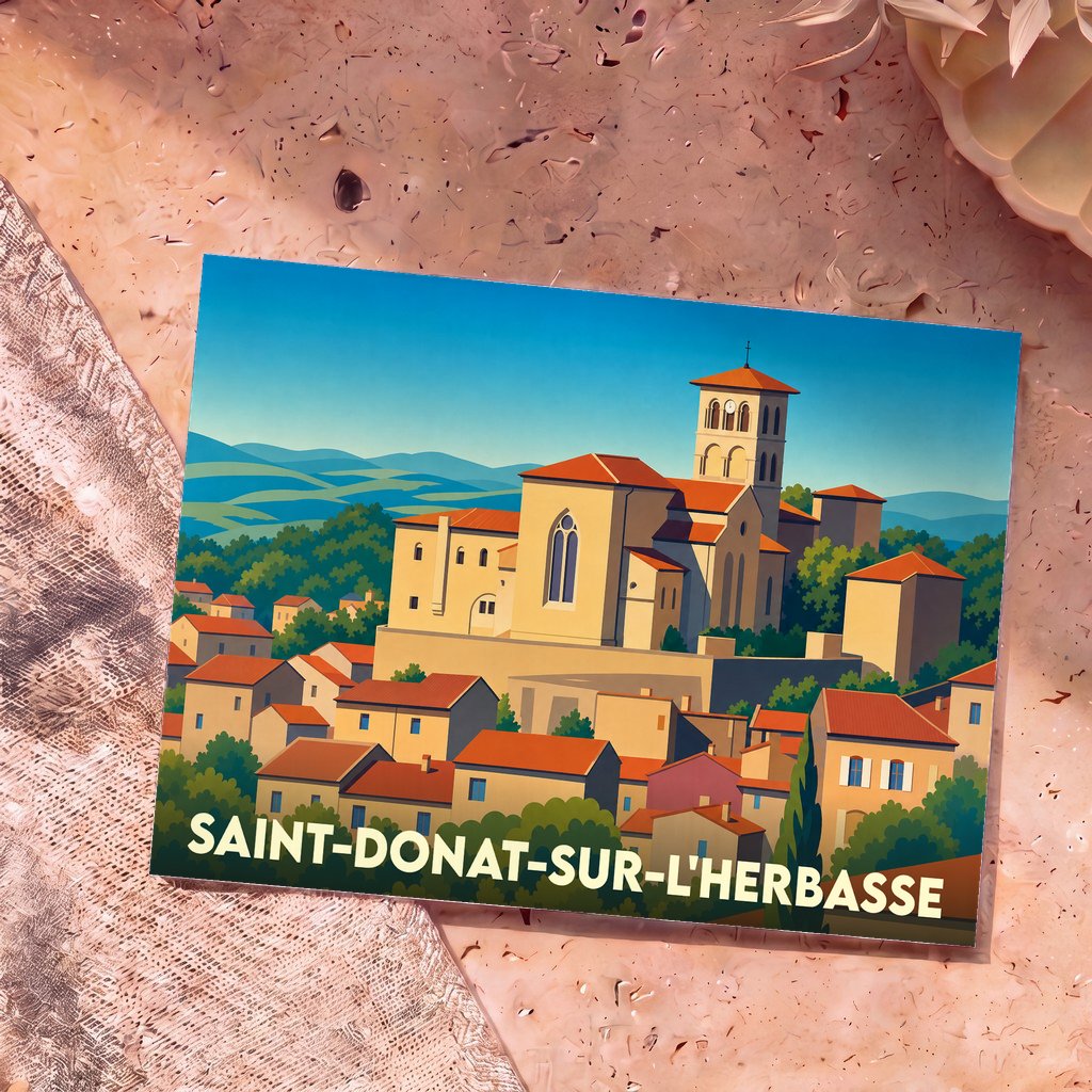 Carte postale souvenir de la ville de Saint-Donat-sur-l'Herbasse avec une illustration stylisée de son église et de ses toits.
