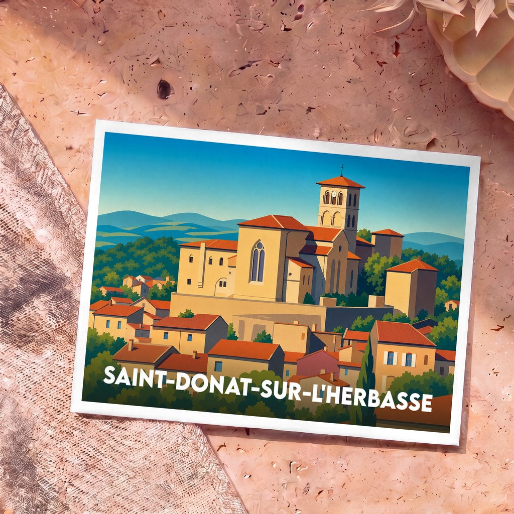 Carte postale souvenir de la ville de Saint-Donat-sur-l'Herbasse avec une illustration stylisée de son église et de ses toits.
