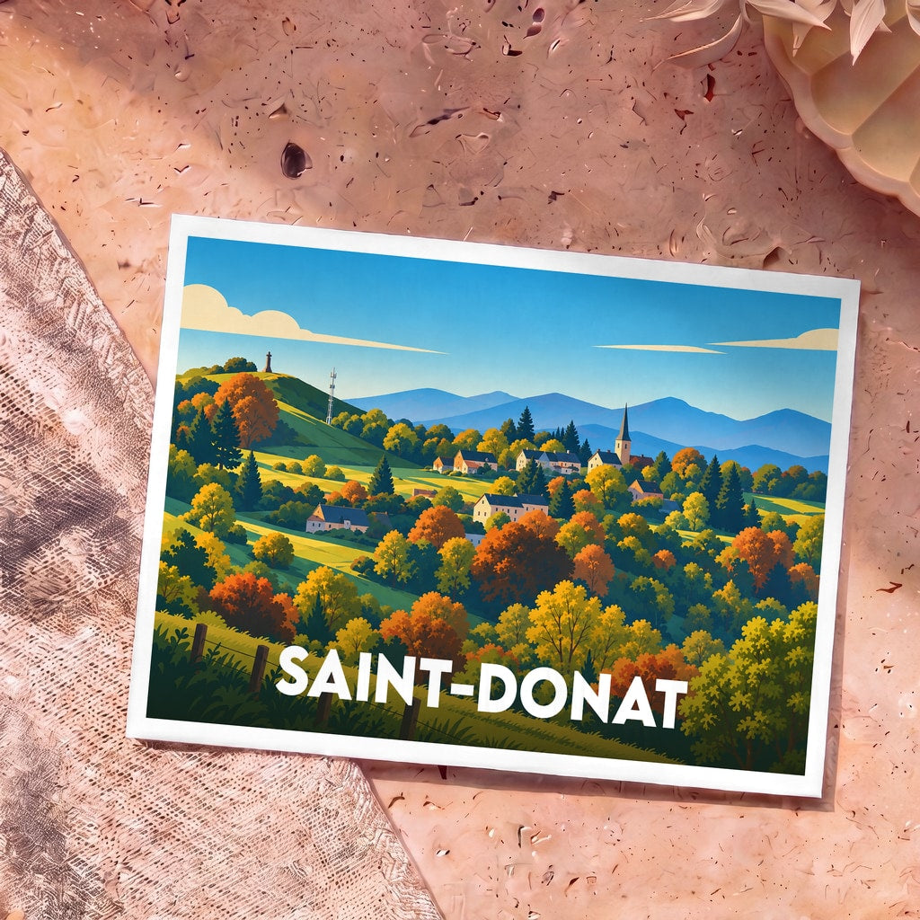 Carte postale souvenir de la ville de Saint-Donat avec une illustration stylisée d'un paysage d'automne vallonné.