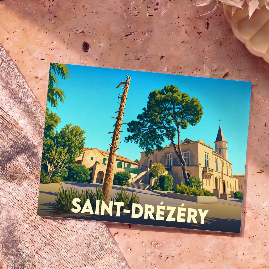 Carte postale souvenir de la ville de Saint-Drézéry avec une illustration stylisée de sa mairie.