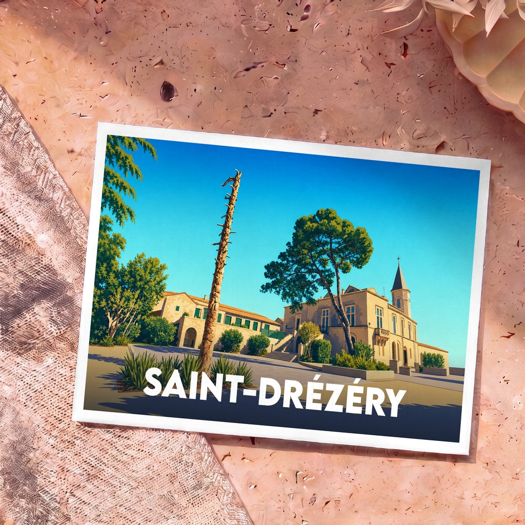 Carte postale souvenir de la ville de Saint-Drézéry avec une illustration stylisée de sa mairie.