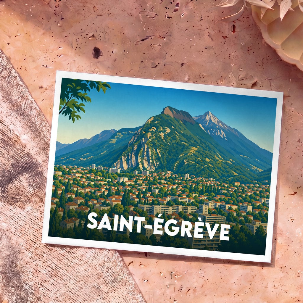 Carte postale souvenir de la ville de Saint-Égrève avec une illustration stylisée des montagnes et de la vallée.