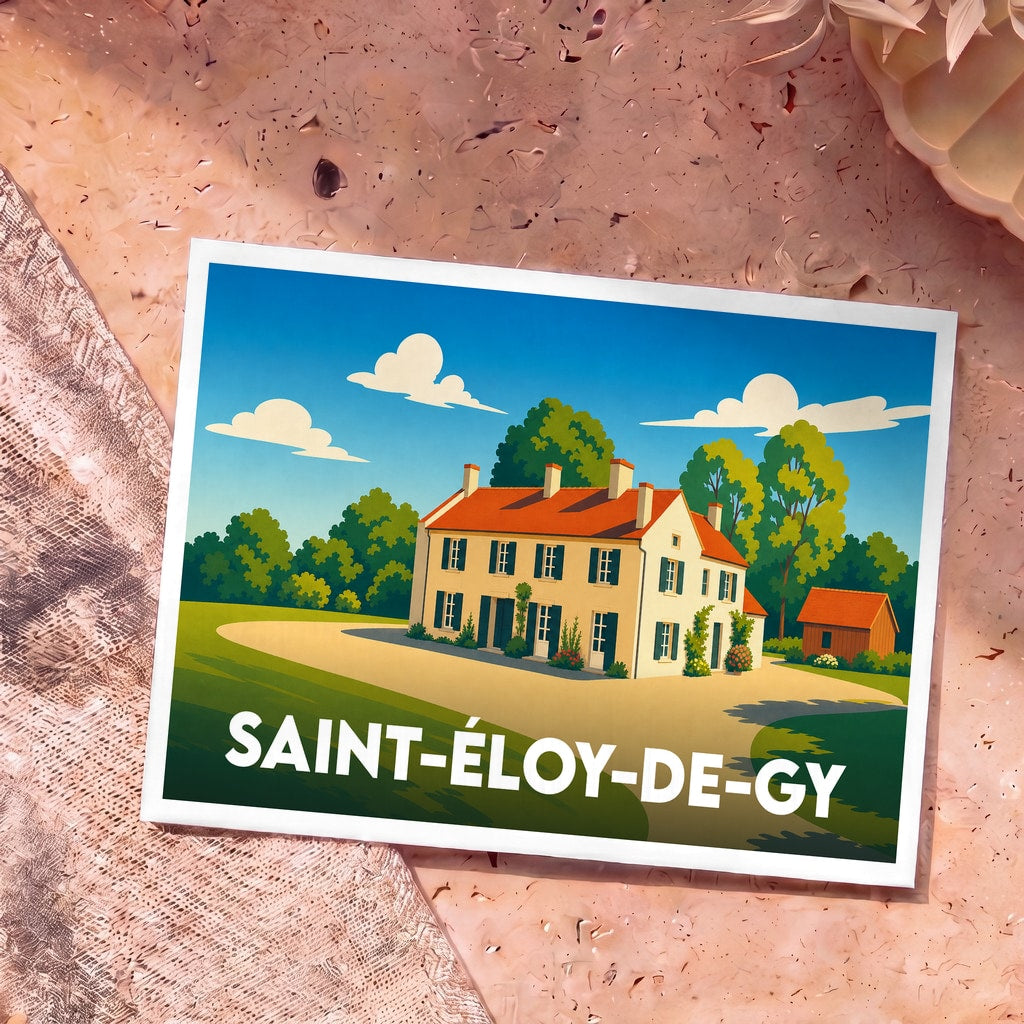 Carte postale souvenir de la ville de Saint-Éloy-de-Gy avec une illustration stylisée d'une maison de campagne.