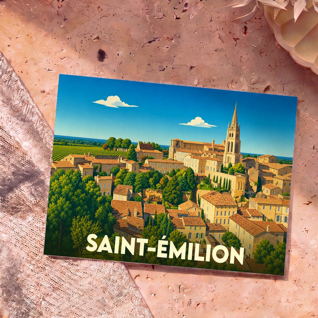 Carte postale souvenir de la ville de Saint-Émilion avec une illustration stylisée et colorée.