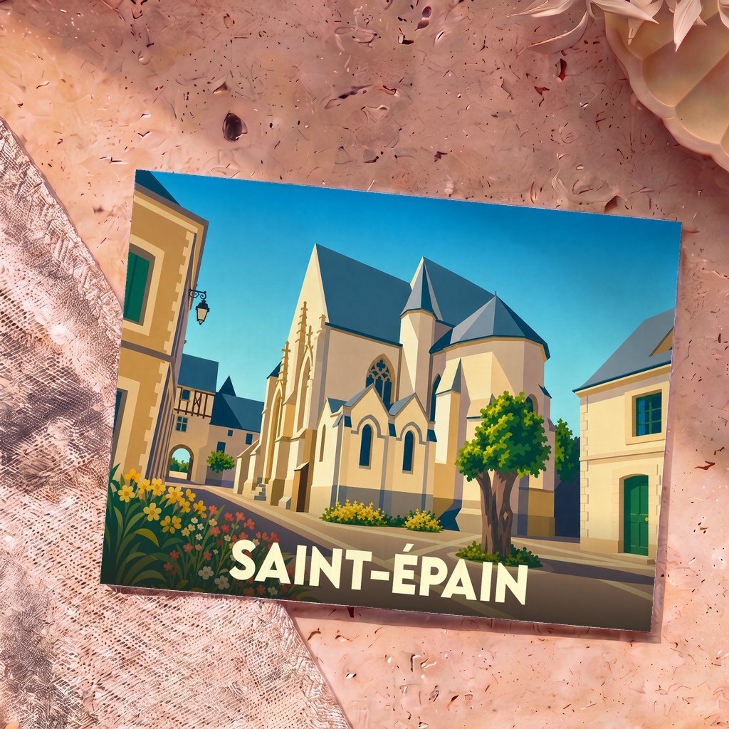 Carte postale souvenir de la ville de Saint-Épain avec une illustration stylisée de son église.