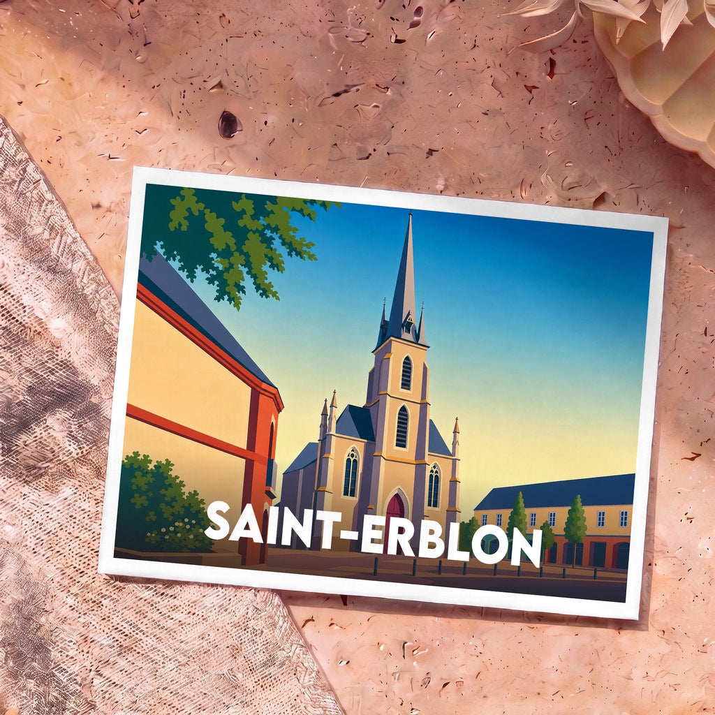 Carte postale souvenir de la ville de Saint-Erblon avec une illustration stylisée de son église et de ses bâtiments.