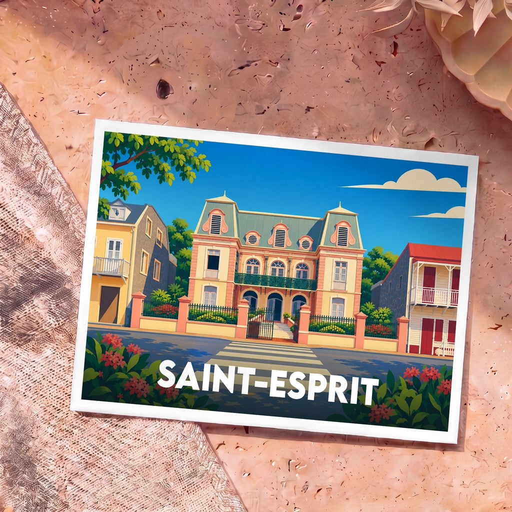 Carte postale souvenir de la ville de Saint-Esprit arborant une illustration stylisée de bâtiments colorés sous un ciel bleu.