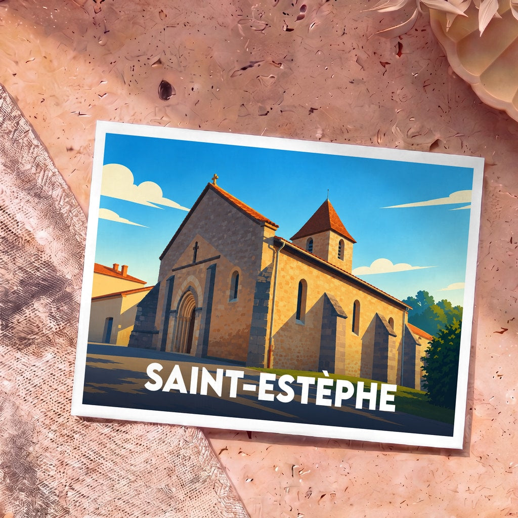 Carte postale souvenir de la ville de Saint-Estèphe avec une illustration stylisée de son église romane.