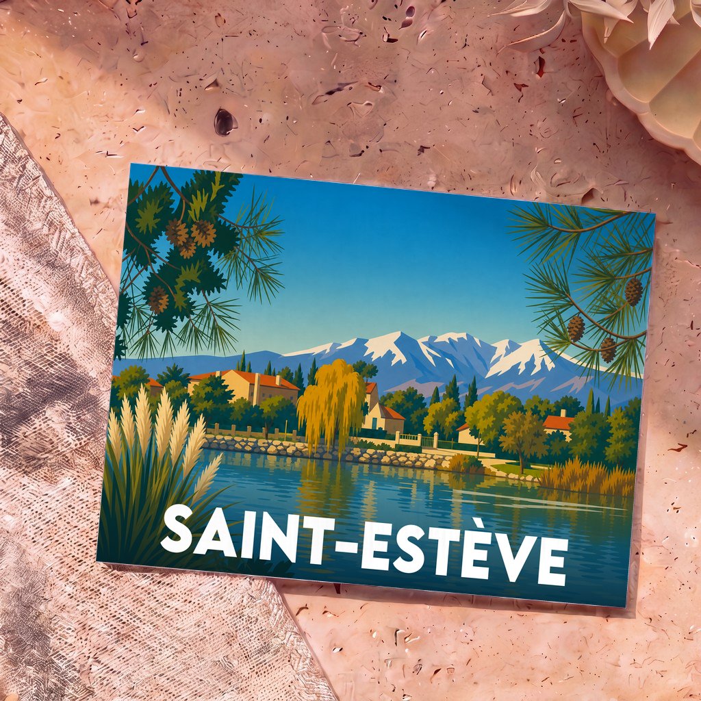 Carte postale souvenir de la ville de Saint-Estève avec une illustration stylisée d'un lac bordé de maisons devant une montagne enneigée.
