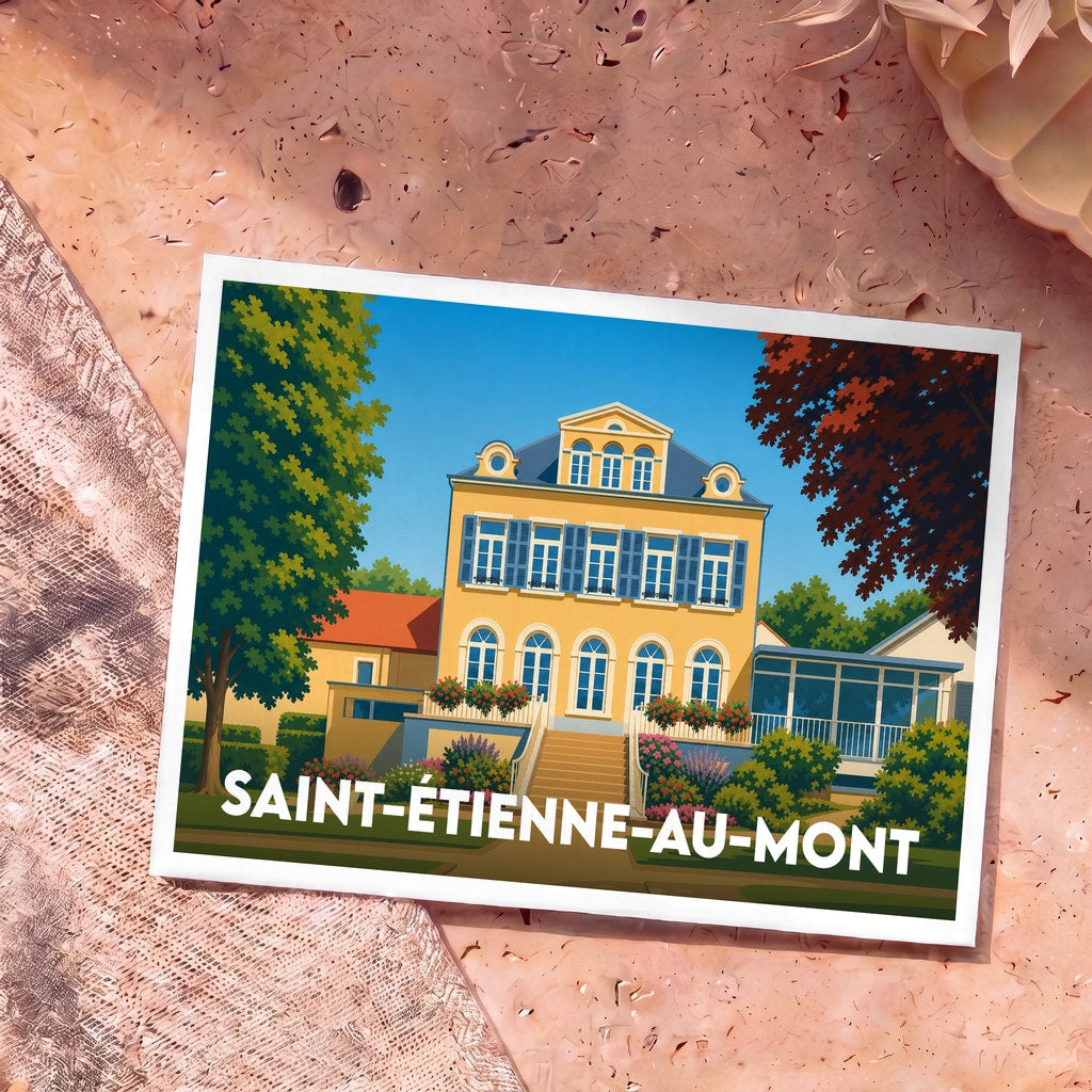 Carte postale souvenir de la ville de Saint-Étienne-au-Mont avec une illustration stylisée d'une grande demeure jaune.