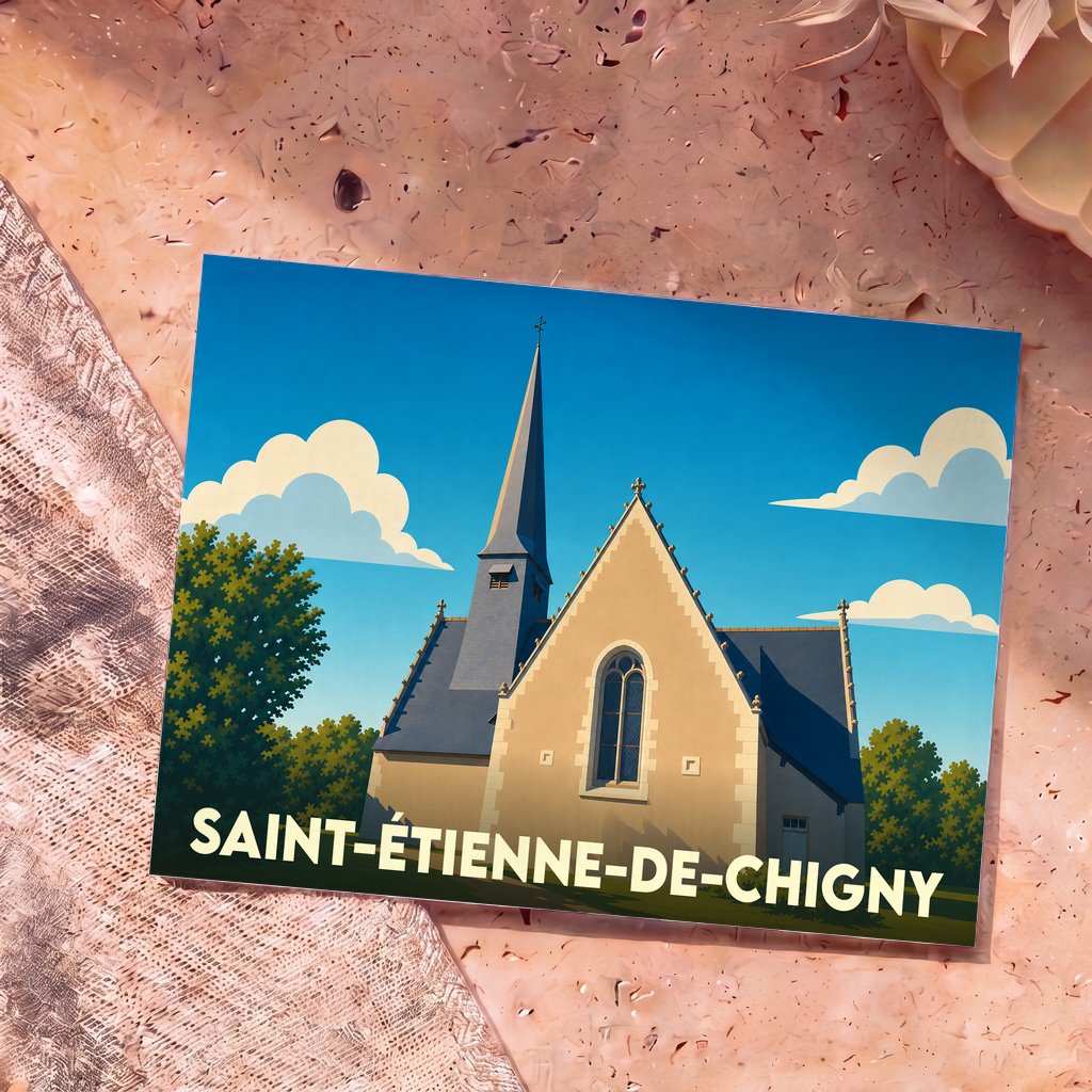 Carte postale souvenir de la ville de Saint-Étienne-de-Chigny avec une illustration stylisée de son église.