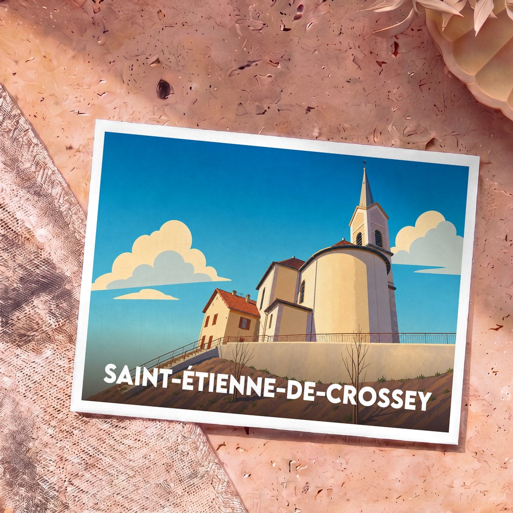 Carte postale souvenir de la ville de Saint-Étienne-de-Crossey avec une illustration stylisée de son église.