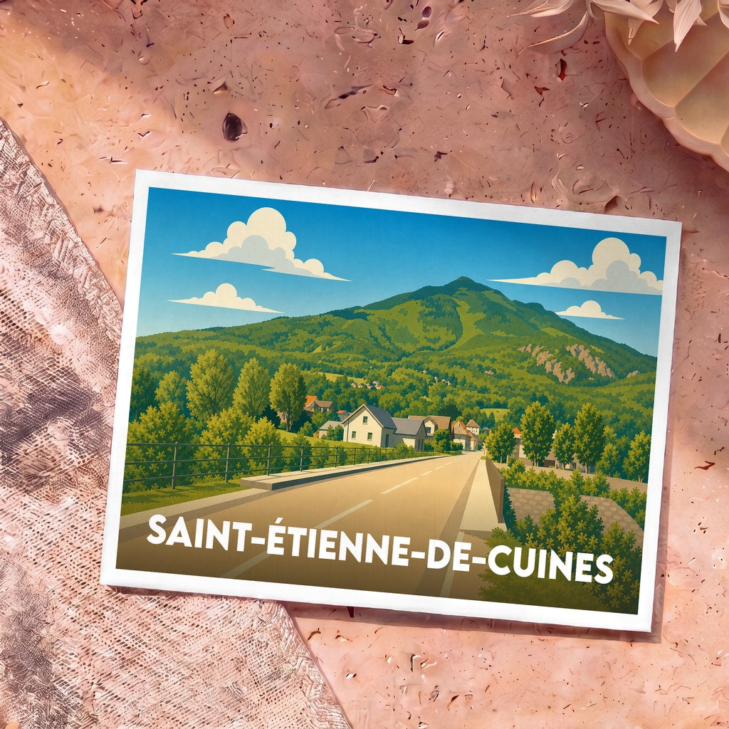 Carte postale souvenir de la ville de Saint-Étienne-de-Cuines avec une illustration stylisée d'un paysage de montagne.