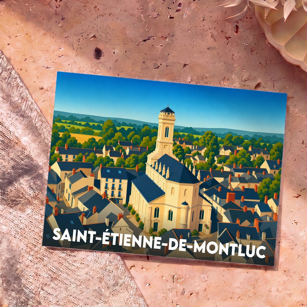 Carte postale souvenir de Saint-Étienne-de-Montluc avec une illustration stylisée du village et de son église.