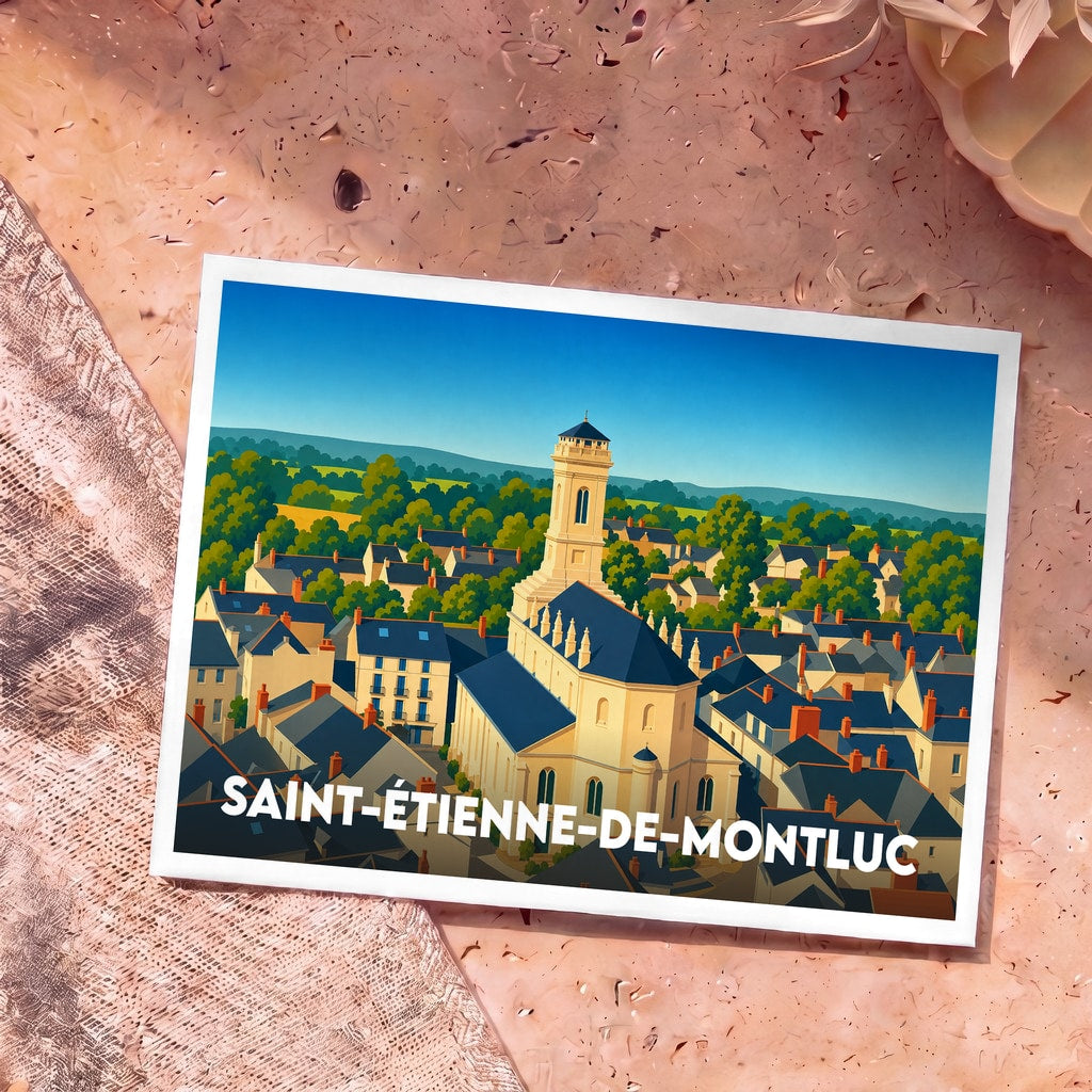 Carte postale souvenir de Saint-Étienne-de-Montluc avec une illustration stylisée du village et de son église.