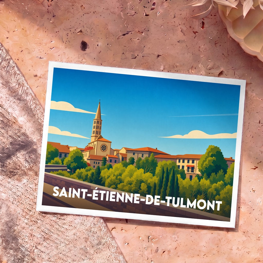 Carte postale souvenir de la ville de Saint-Étienne-de-Tulmont avec une illustration stylisée de son église et de son paysage urbain.