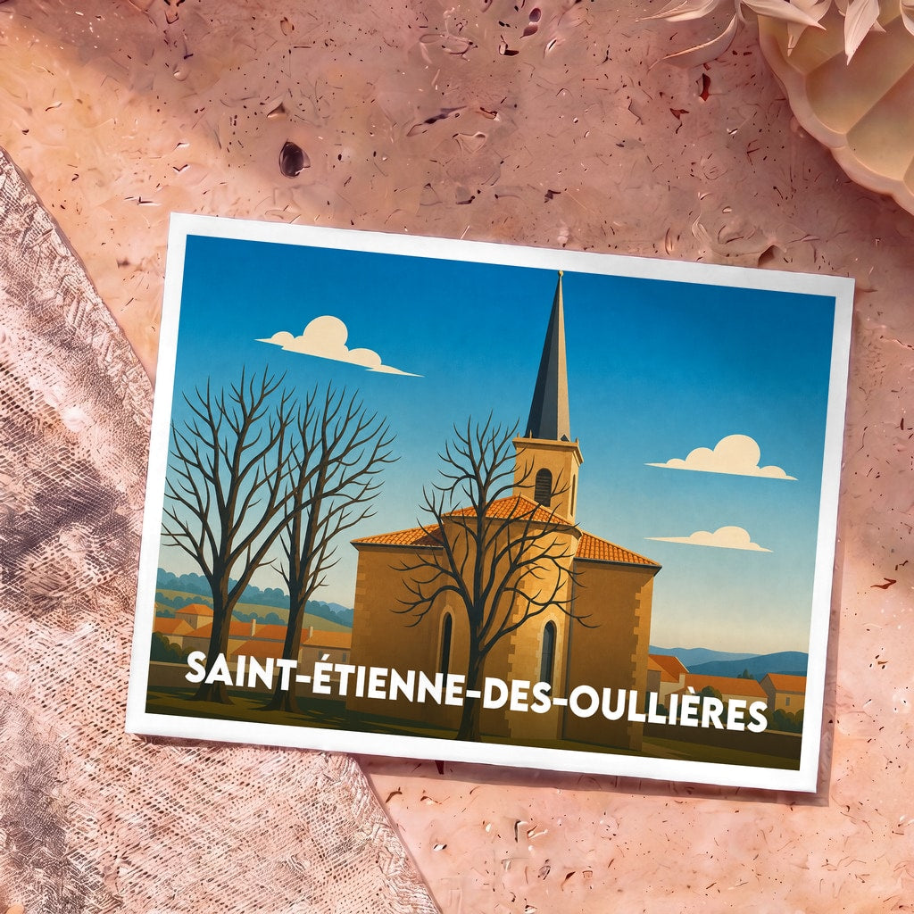 Carte postale souvenir de la ville de Saint-Étienne-des-Oullières avec une illustration stylisée de son église.