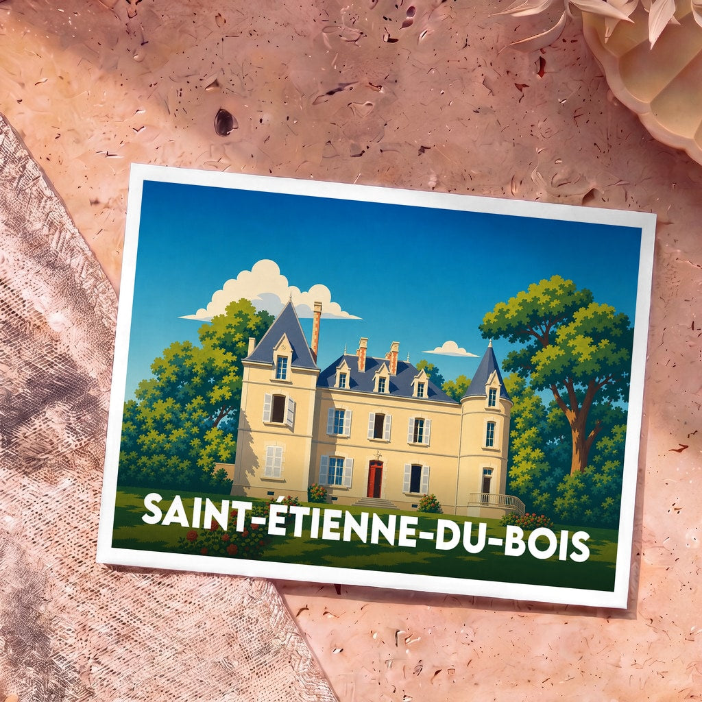 Carte postale souvenir de la ville de Saint-Étienne-du-Bois avec une illustration stylisée d'un château.