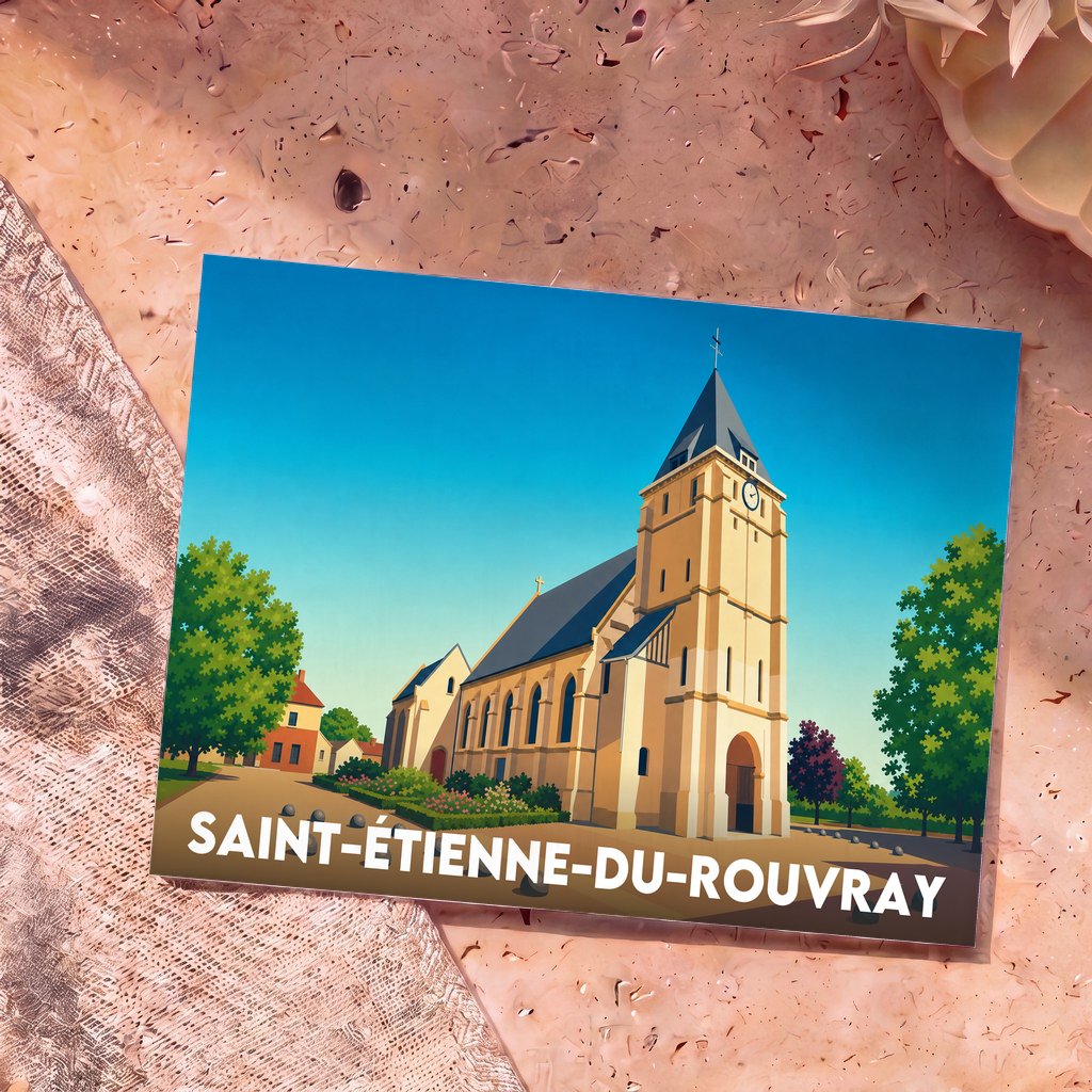 Carte postale souvenir de la ville de Saint-Étienne-du-Rouvray avec une illustration stylisée de son église.