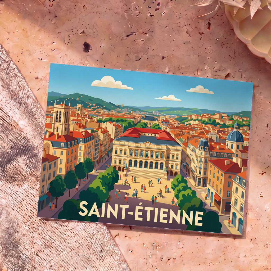 Carte postale souvenir de la ville de Saint-Étienne avec une illustration stylisée et colorée de ses monuments.