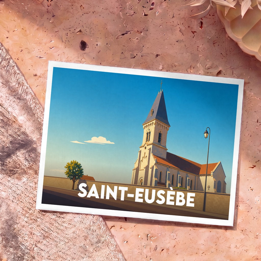 Carte postale souvenir de la ville de Saint-Eusèbe illustrant son église dans un style graphique épuré.