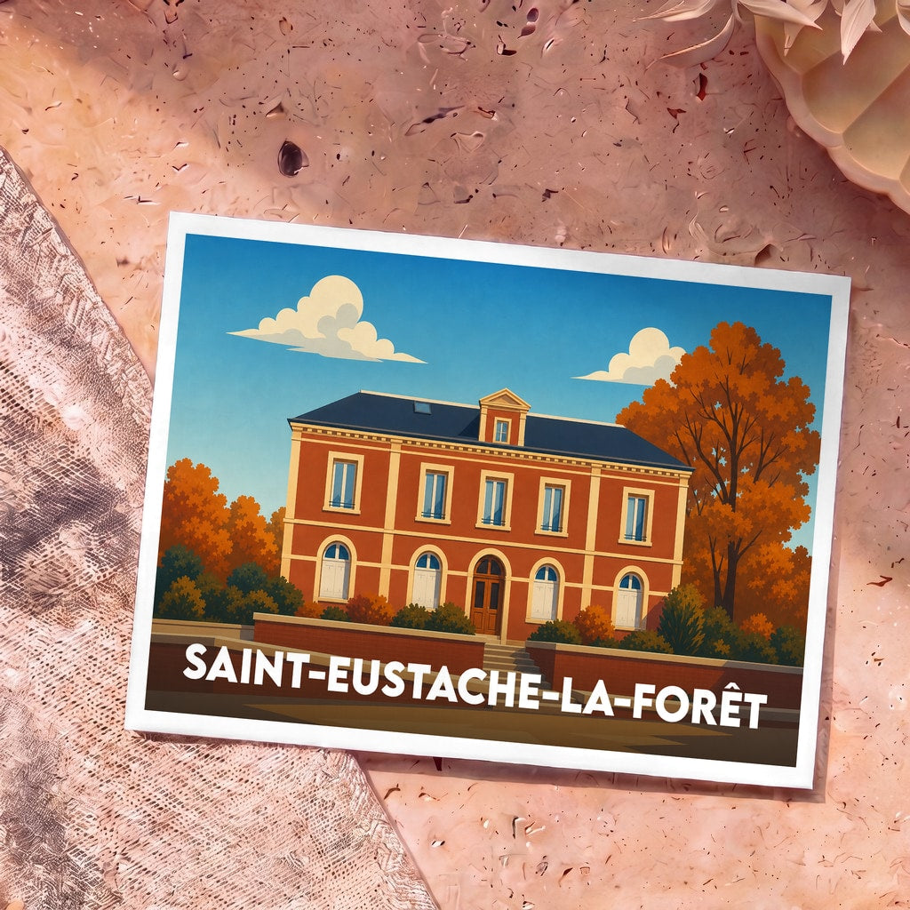 Carte postale souvenir de la ville de Saint-Eustache-la-Forêt avec une illustration stylisée d'un bâtiment en briques.