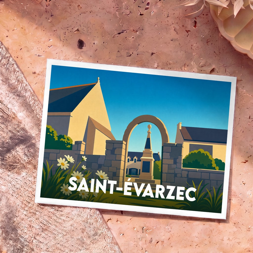 Carte postale souvenir de la ville de Saint-Évarzec avec une illustration stylisée et colorée.