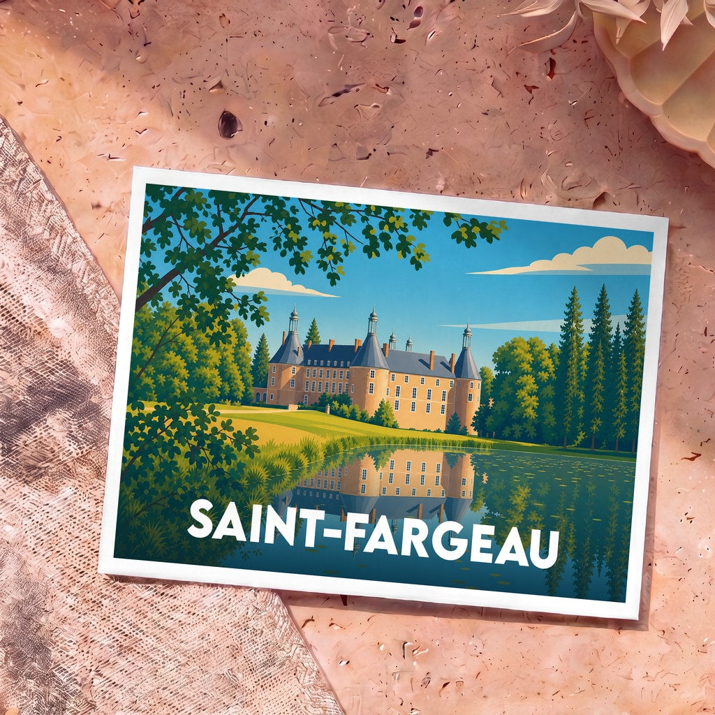 Carte postale souvenir de la ville de Saint-Fargeau avec une illustration stylisée de son château se reflétant dans l'eau.