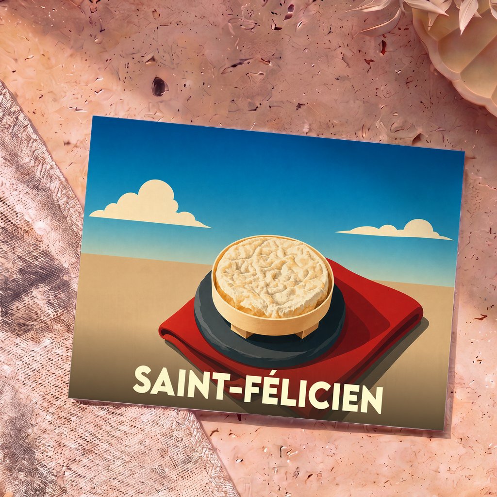 Carte postale souvenir de la ville de Saint-Félicien illustrant un fromage typique sur un fond stylisé.
