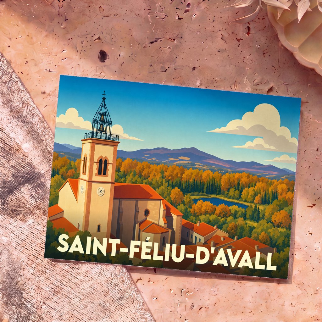 Carte postale souvenir de la ville de Saint-Féliu-d'Avall avec une illustration stylisée de son église et des paysages environnants.