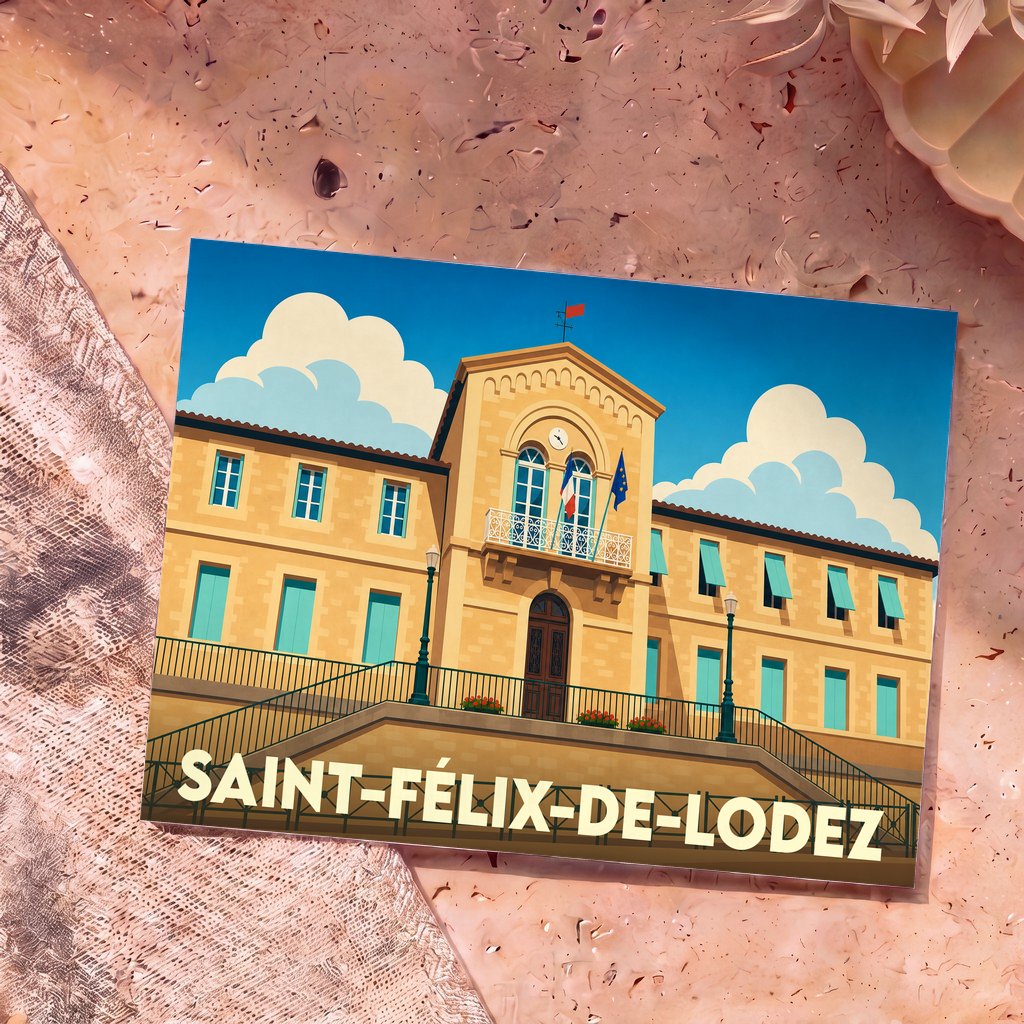 Carte postale souvenir de la ville de Saint-Félix-de-Lodez illustrant sa mairie sous un ciel bleu.