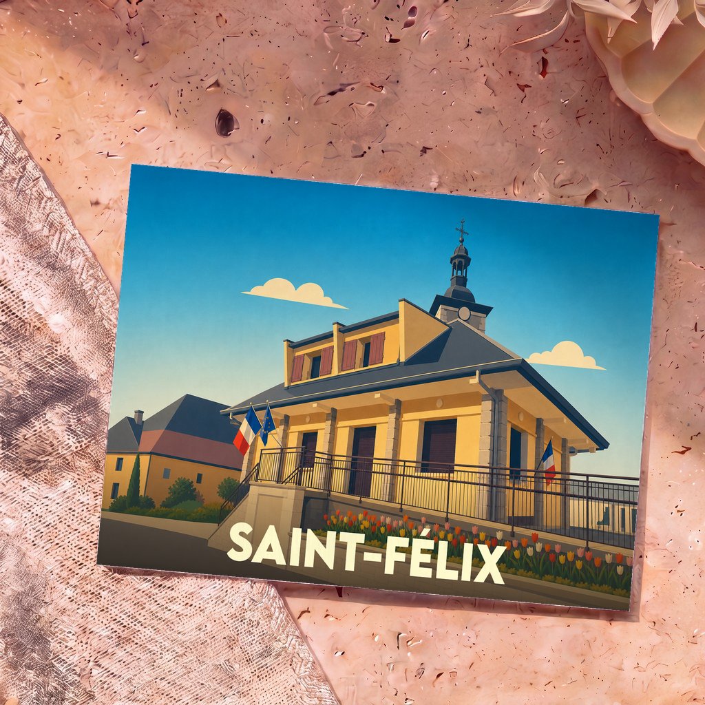 Carte postale souvenir de la ville de Saint-Félix avec une illustration stylisée de sa mairie.
