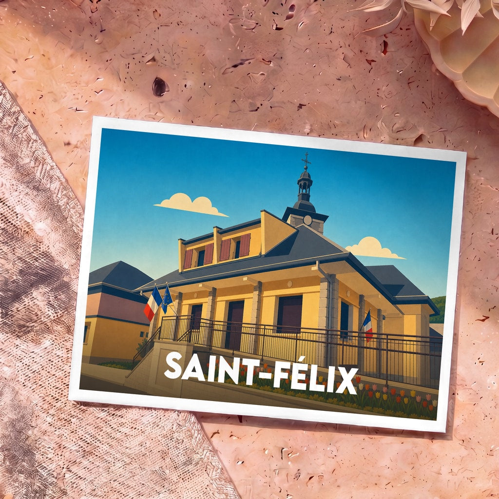 Carte postale souvenir de la ville de Saint-Félix avec une illustration stylisée de sa mairie.