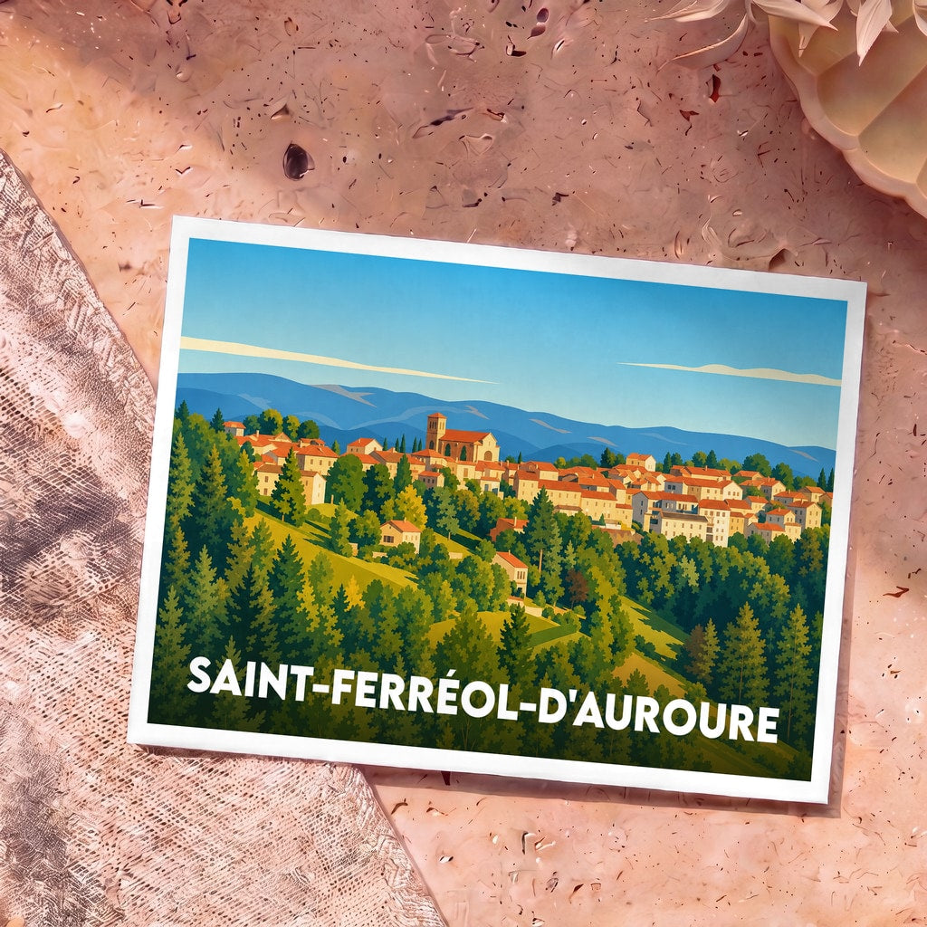 Carte postale souvenir de la ville de Saint-Ferréol-d'Auroure avec une illustration stylisée.
