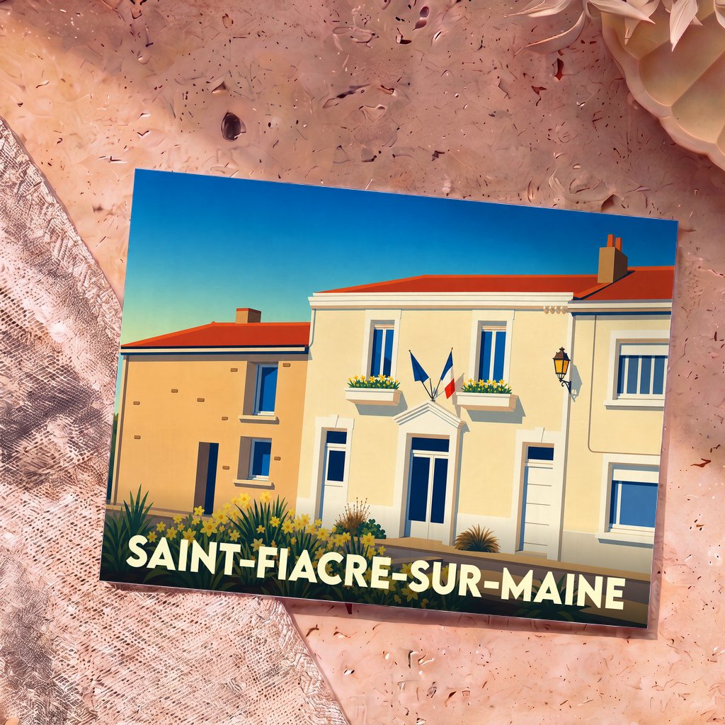 Carte postale souvenir de la ville de Saint-Fiacre-sur-Maine avec une illustration stylisée de sa mairie.