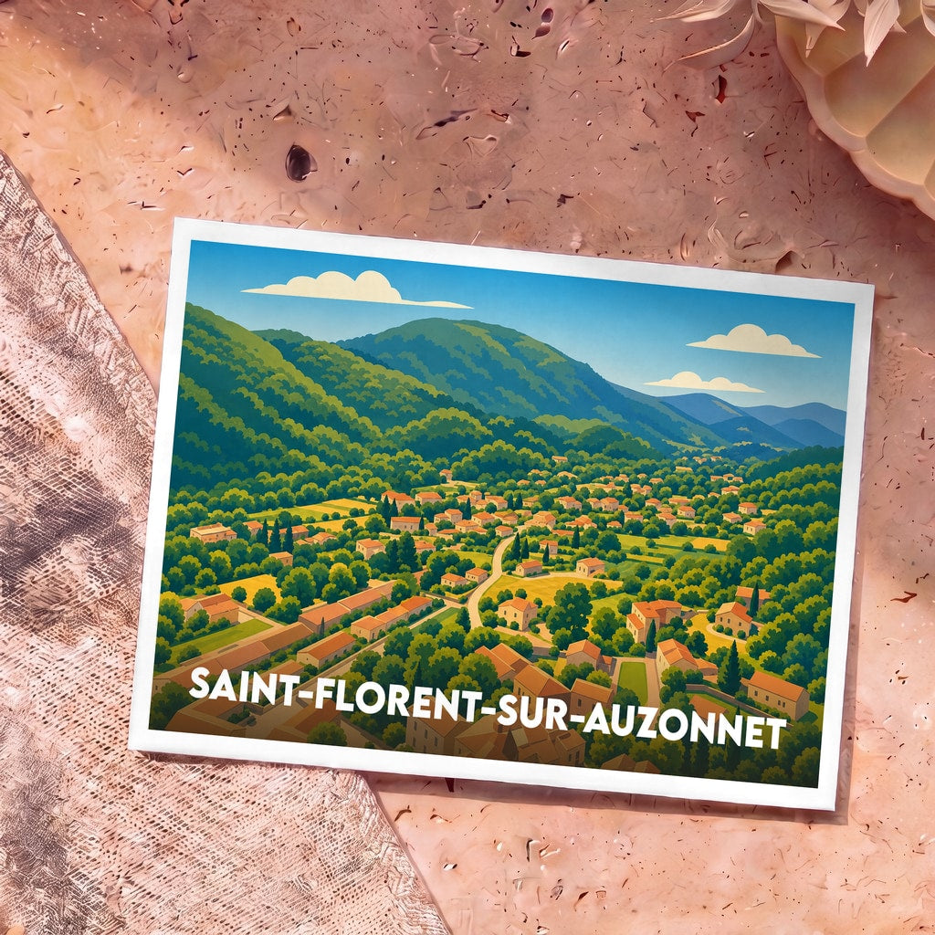 Carte postale souvenir de la ville de Saint-Florent-sur-Auzonnet avec une illustration stylisée d'un village niché dans une vallée verdoyante.