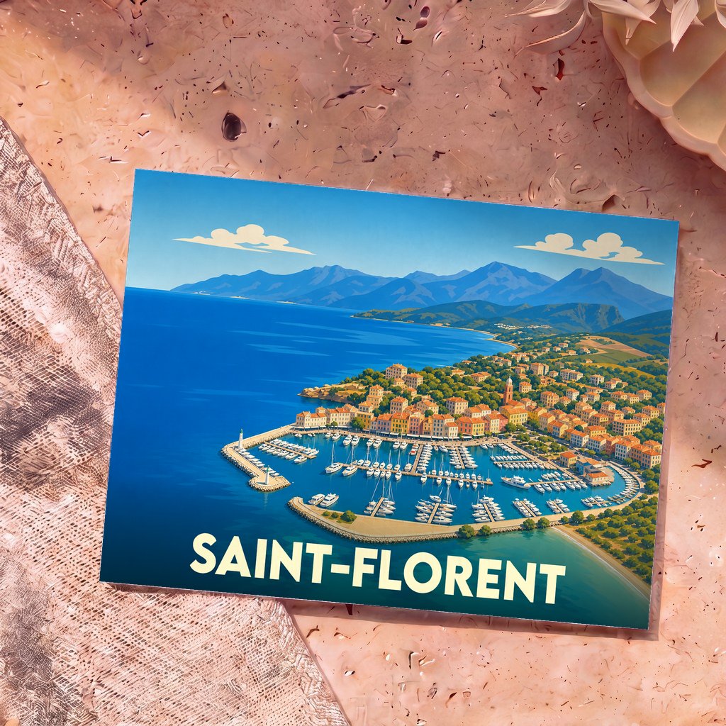 Carte postale souvenir de Saint-Florent avec une illustration colorée de son port de plaisance et des montagnes en arrière-plan.