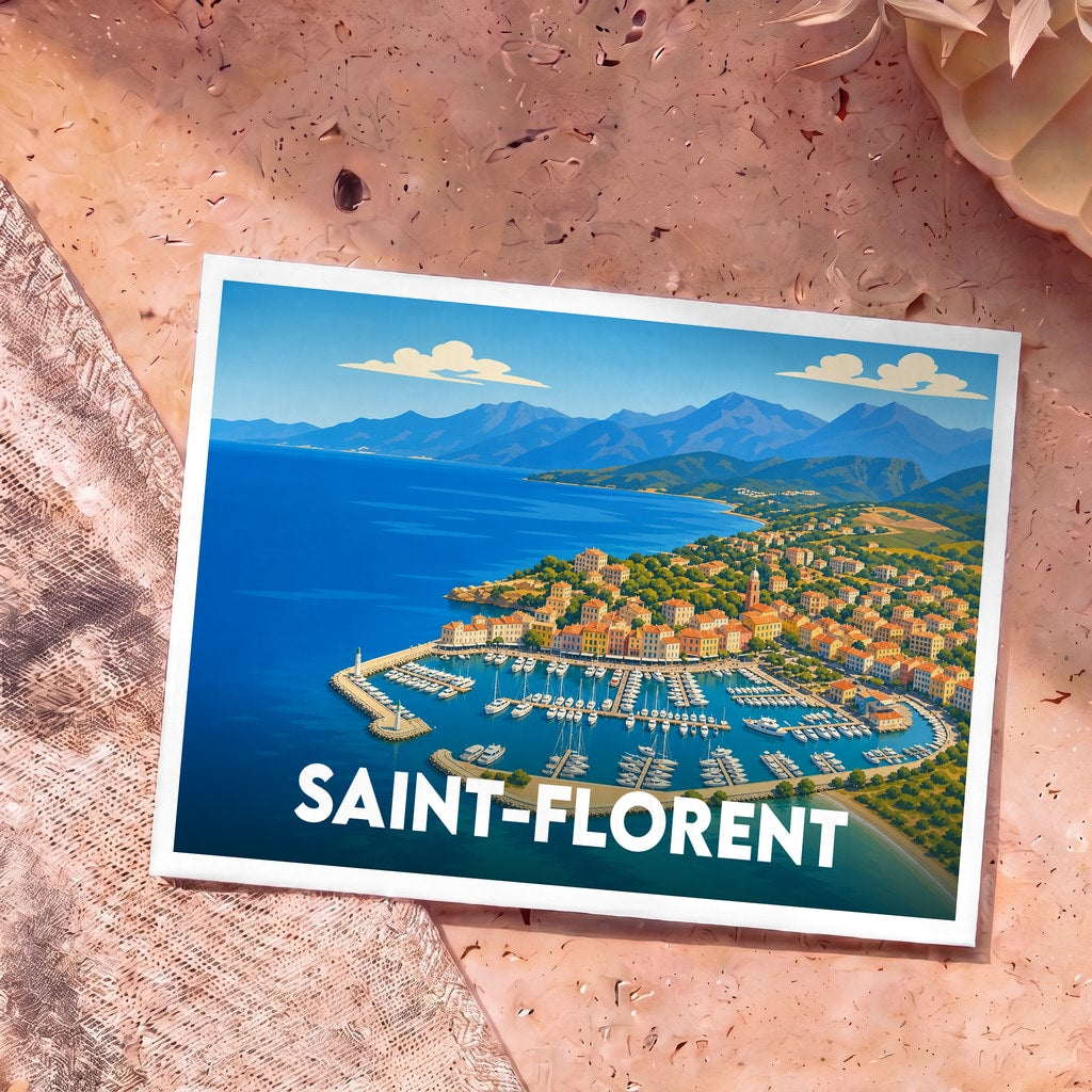 Carte postale souvenir de Saint-Florent avec une illustration colorée de son port de plaisance et des montagnes en arrière-plan.