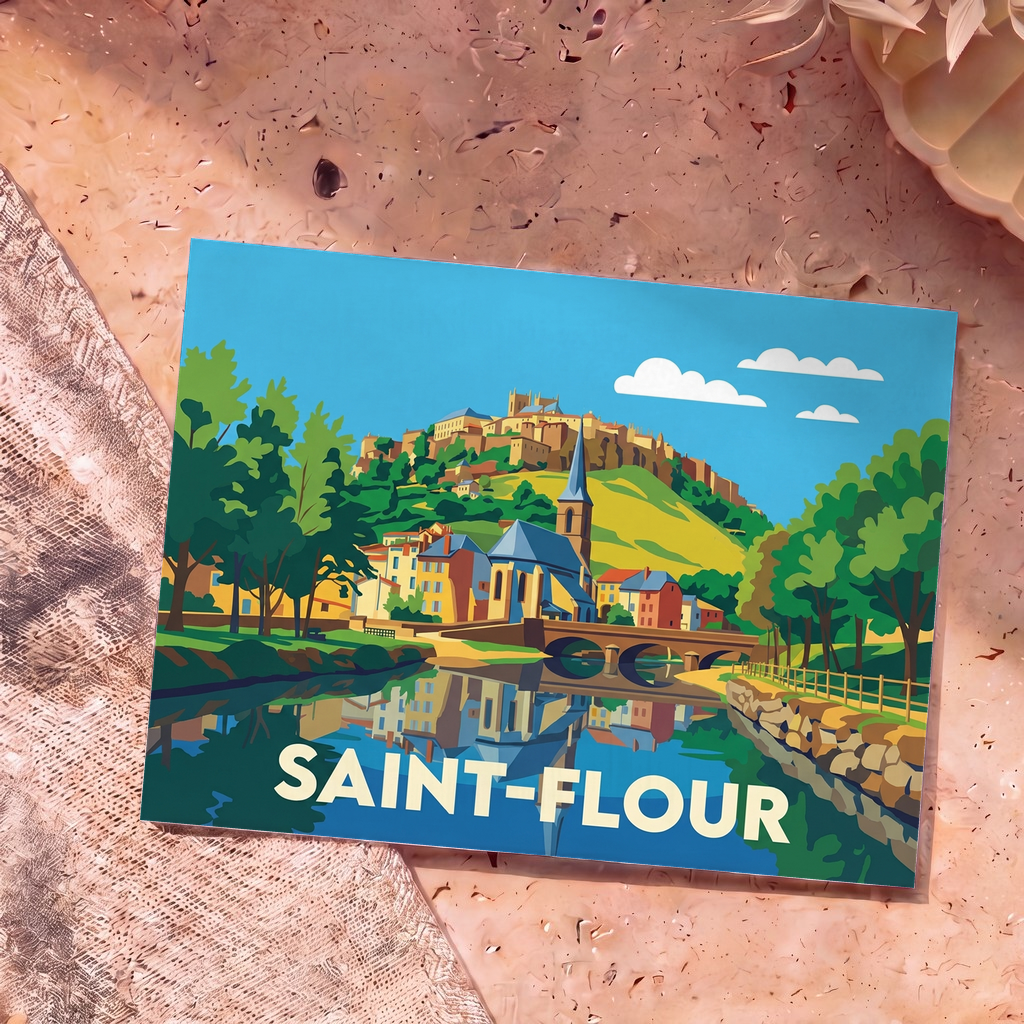 Carte postale souvenir de la ville de Saint-Flour arborant une illustration colorée et stylisée de sa cité médiévale.