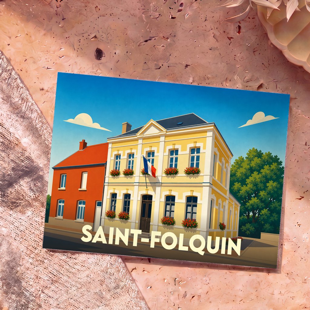 Carte postale souvenir de la ville de Saint-Folquin avec une illustration stylisée de sa mairie.