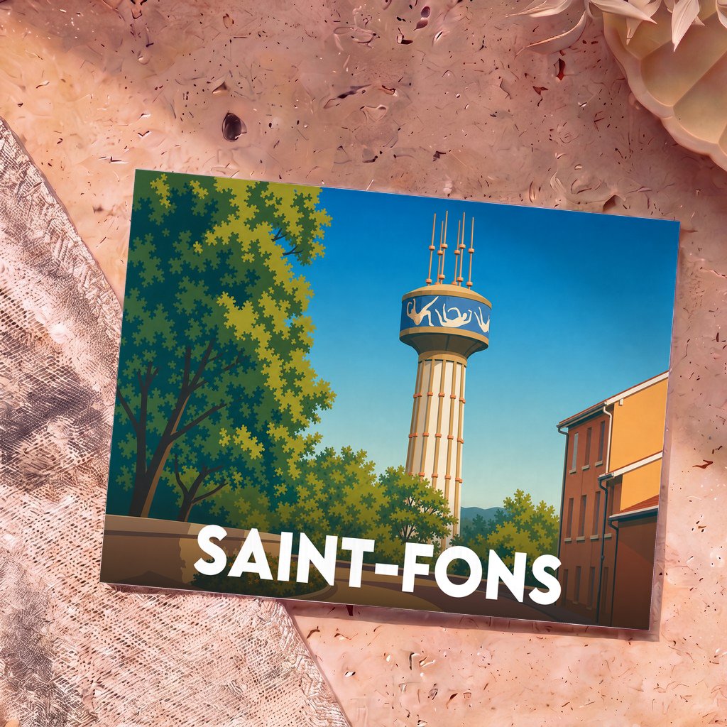 Carte postale souvenir de la ville de Saint-Fons avec une illustration stylisée d'un château d'eau.
