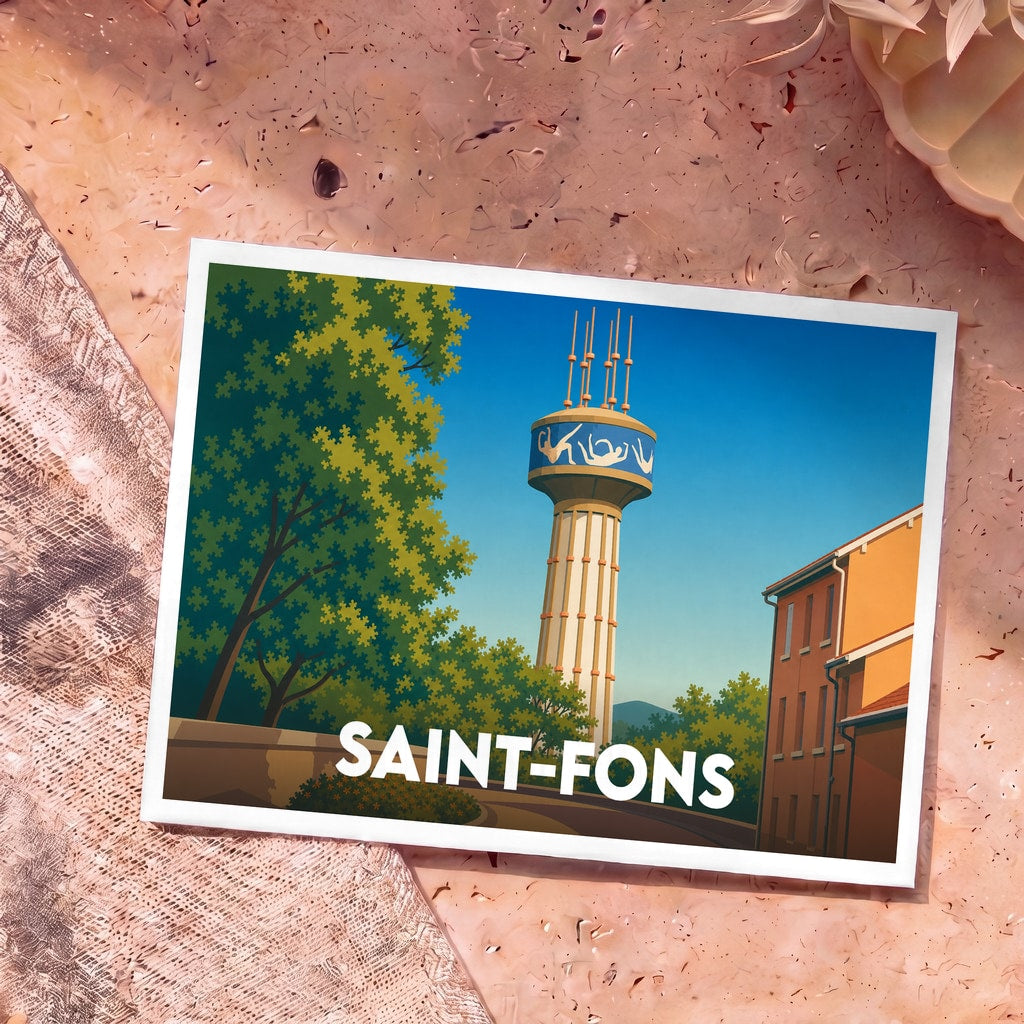 Carte postale souvenir de la ville de Saint-Fons avec une illustration stylisée d'un château d'eau.