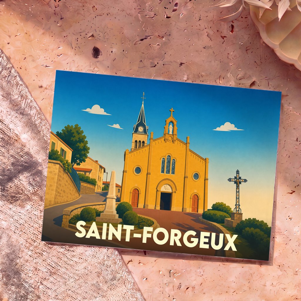 Carte postale souvenir de la ville de Saint-Forgeux illustrant son église sous un ciel bleu ensoleillé.